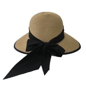 Magid Hats Womens Tan Paper Straw Cloche Sun Hat Black Ribbon Bow Accent